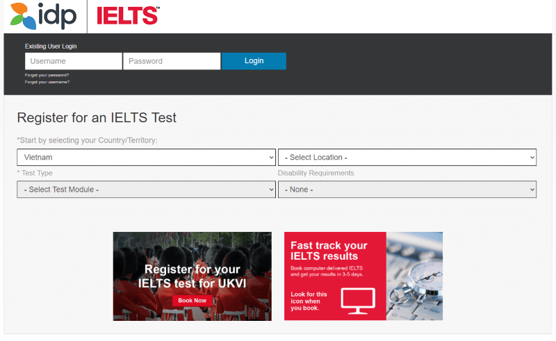 Đăng ký thi IELTS trên trang web của IDP