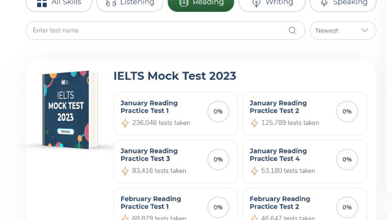 Website IELTS Mock test cung cấp các bài kiểm tra Reading mô phỏng bài thi thật