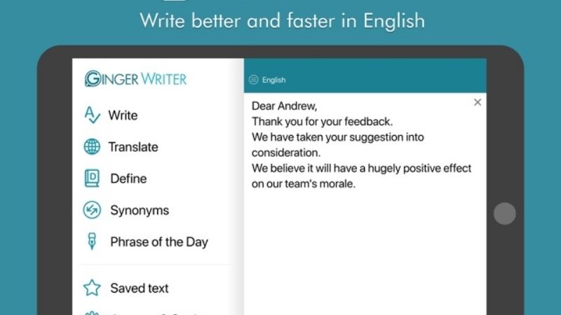 App học ngữ pháp tiếng Anh Ginger Writer