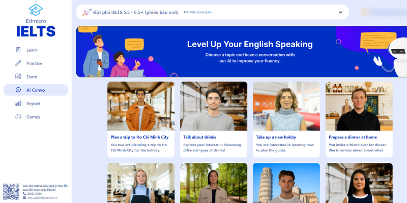 AI Convo cung cấp nhiều chủ đề hội thoại để học viên thực hành