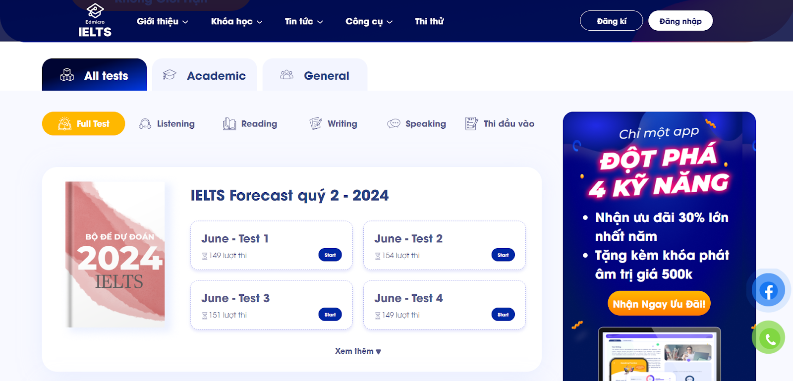 Giao diện thi thử của website Edmicro IELTS
