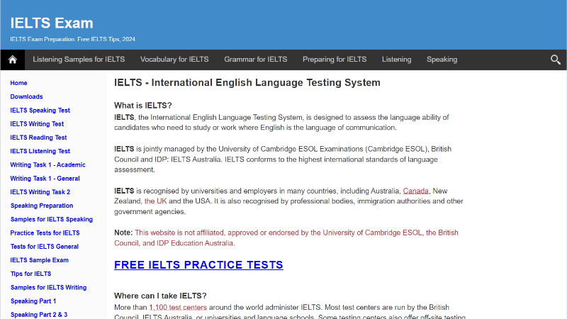 Giao diện webiste IELTS Exams