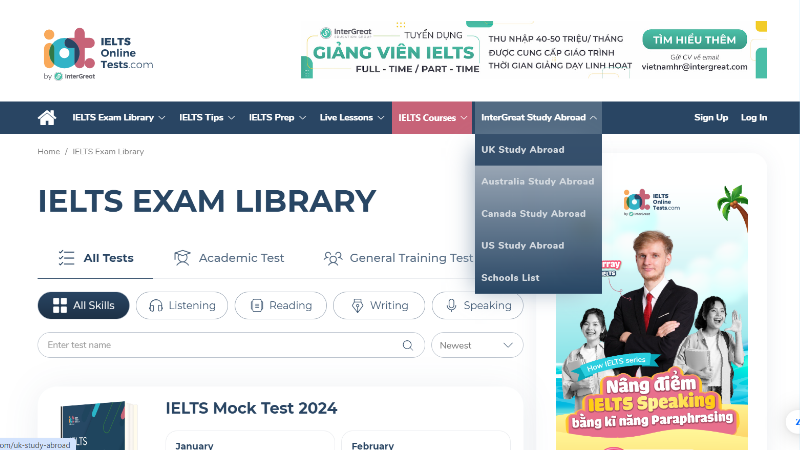 Giao diện Website thi thử IELTS Online Tests