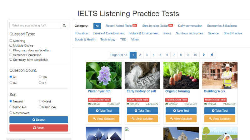 Giao diện thi thử IELTS Listening Mini IELTS