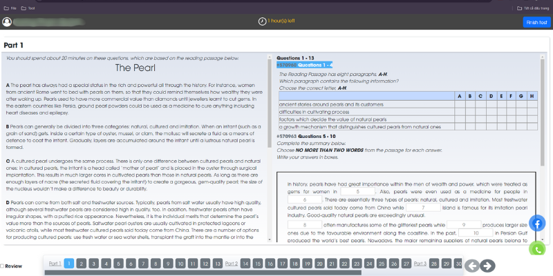 Giao diện thi thử Reading giống 100% thi thật trên website Edmicro